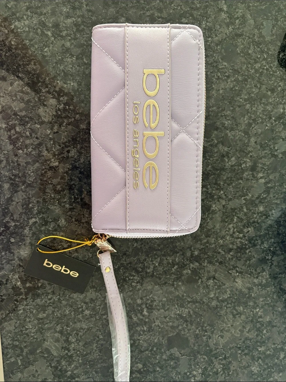 bebe Quilted Lilac Zip Wristlet with Gold Logo